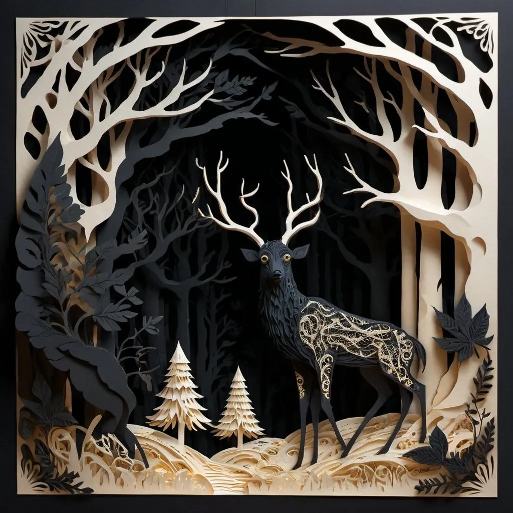 Prompt: Creator show me the path, deep black and bone color palette, paper-cut style, intricate details, high quality, surreal, papercraft, flat design, surreal forest, intricate details, highres, ultra-detailed, professional