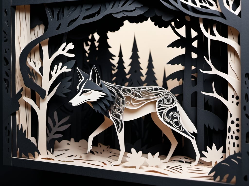 Prompt: papercraft illustration of a surreal forest, black coyote, deep black and bone color palette, paper-cut style, intricate details, high quality, surreal, stark, papercraft, flat design, surreal forest, intricate details, highres, ultra-detailed, professional