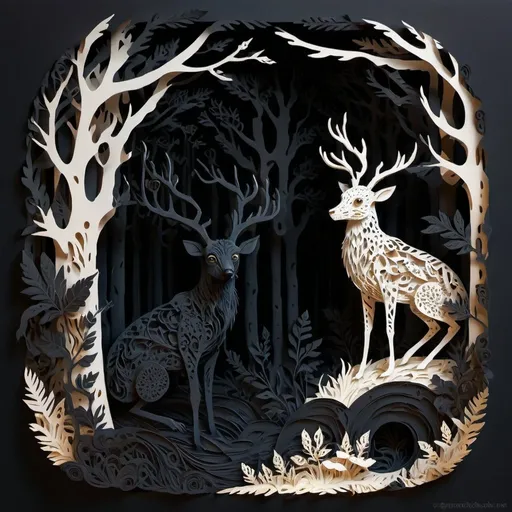 Prompt: Creator show me the guide, deep black and bone color palette, paper-cut style, intricate details, high quality, surreal, papercraft, flat design, surreal forest, intricate details, highres, ultra-detailed, professional