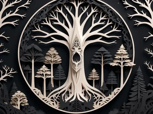 Prompt: Creator, send me your will, deep black and bone color palette, paper-cut style, intricate details, high quality, surreal, stark, papercraft, flat design, surreal forest, intricate details, highres, ultra-detailed, professional