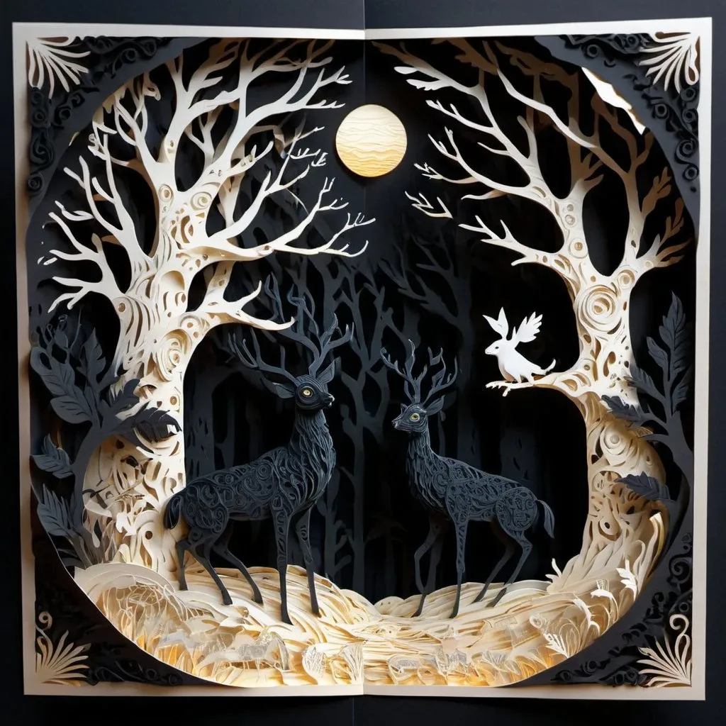 Prompt: Creator show me the guide, deep black and bone color palette, paper-cut style, intricate details, high quality, surreal, papercraft, flat design, surreal forest, intricate details, highres, ultra-detailed, professional