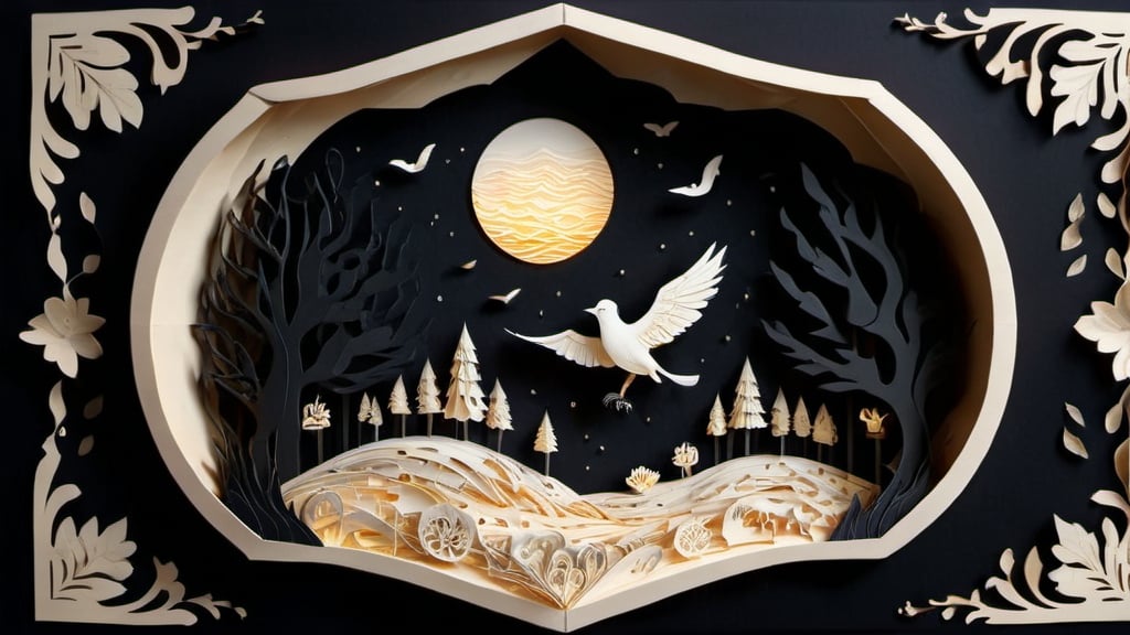 Prompt: Creator show me the love, deep black and bone color palette, paper-cut style, intricate details, high quality, papercraft, flat design, surreal reality, intricate details, highres, ultra-detailed, professional