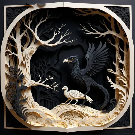 Prompt: Creator show me the tool, deep black and bone color palette, paper-cut style, intricate details, high quality, papercraft, flat design, surreal reality, intricate details, highres, ultra-detailed, professional