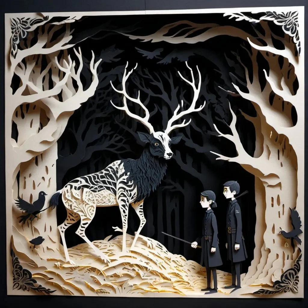 Prompt: Creator show me the enemy, deep black and bone color palette, paper-cut style, intricate details, high quality, papercraft, flat design, surreal reality, intricate details, highres, ultra-detailed, professional