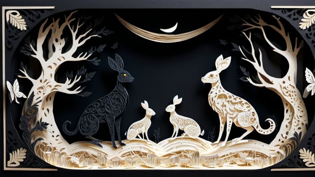 Prompt: Creator show me the love, deep black and bone color palette, paper-cut style, intricate details, high quality, papercraft, flat design, surreal reality, intricate details, highres, ultra-detailed, professional
