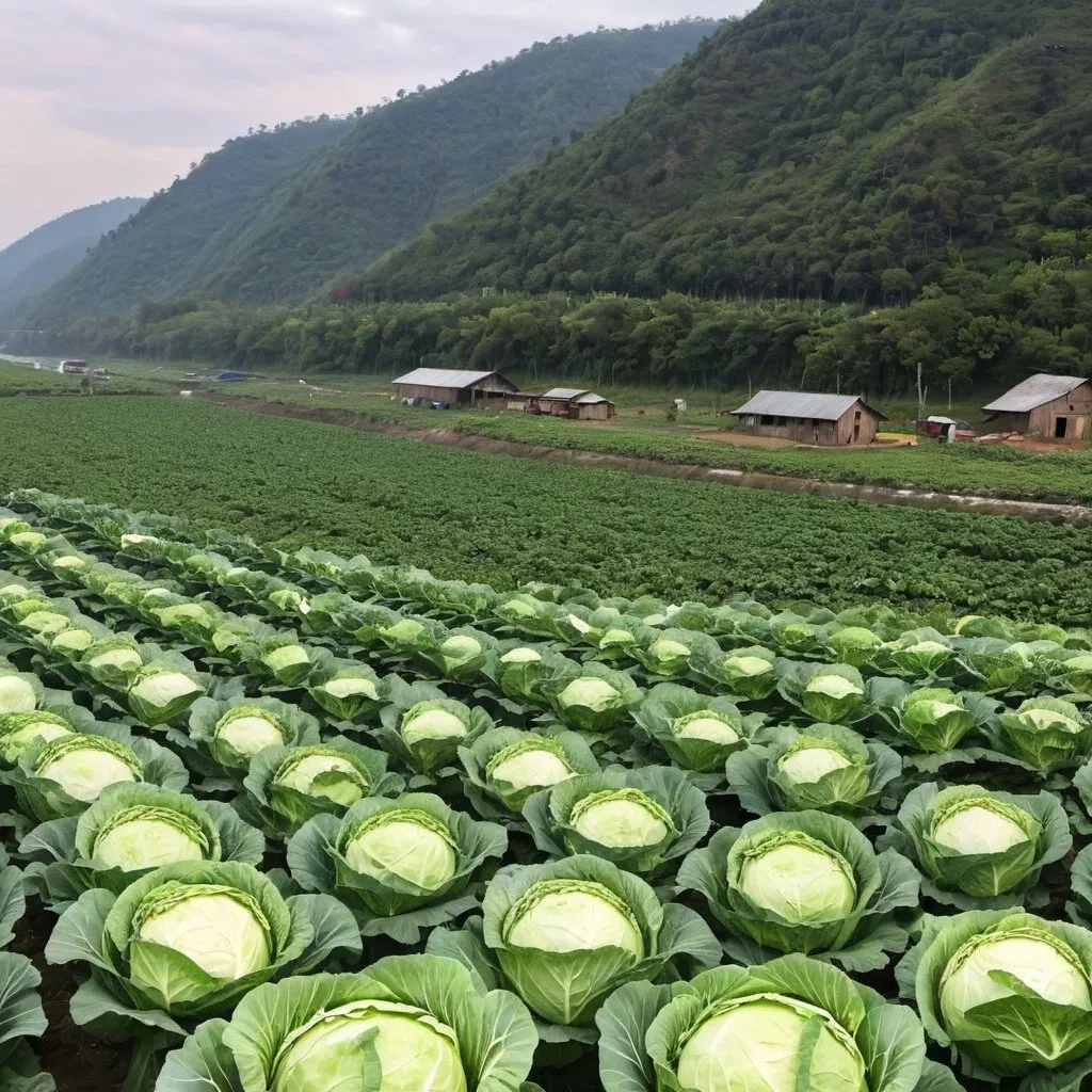 Prompt: Cabbage farm near river