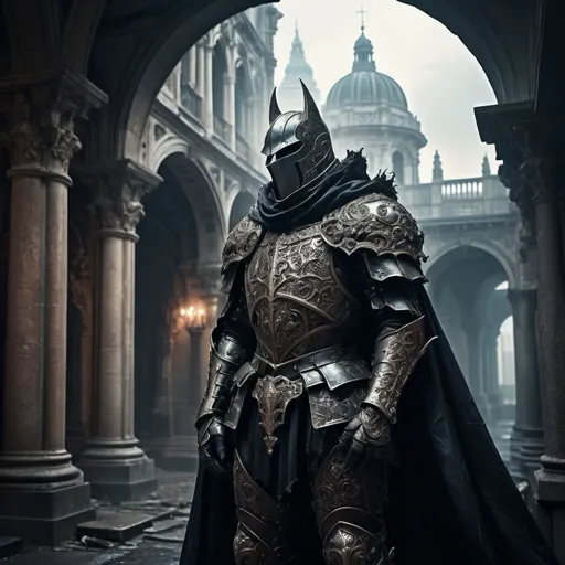 Prompt: (dark fantasy) knight in ornate (baroque-style) armor, tattered cape billowing in a chilling breeze, gazing contemplatively at a vast, gloomy underground city, intricate architecture shrouded in shadows, vibrant (cool tones), atmospheric mist lingering in the air, moody lighting casting deep contrasts, ultra-detailed aesthetic, cinematic ambiance filled with mystique and suspense, 4K resolution.