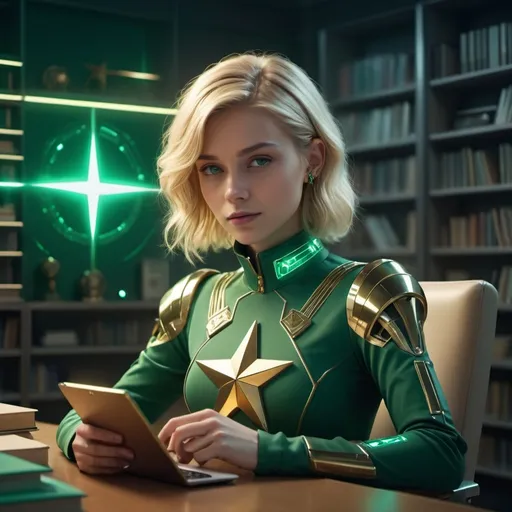 Prompt: shy short blonde adult female sitting by a desk wearing an emerald green jumpsuit with a golden star emblem carrying a futuristic device