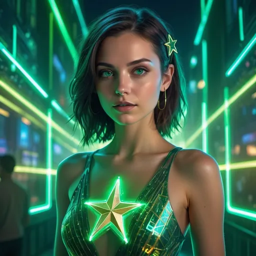 Prompt: Futuristic-sci-fi translucent holographic projection of a beautiful brunette adult female, wearing an (emerald green sundress) with a (golden star emblem), vibrant and glowing neon lights, cool blue and green color tones, ethereal and otherworldly atmosphere, ultra-detailed, holographic shimmer, cyberpunk elements, futuristic cityscape in the background, complex circuitry patterns, high resolution, ultra-high-definition (4K) quality.