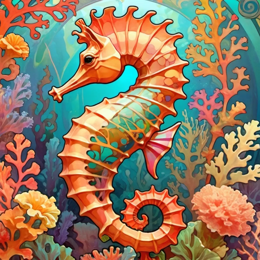 Prompt: colorful leafy seahorse in front of a colorful coral reef