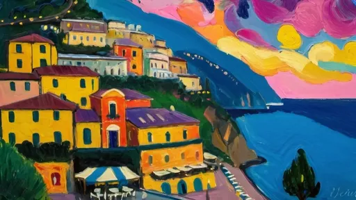 Prompt: (mymodel) vibrant fauvism, colorful Positano nightlife, lively atmosphere, expressive brushstrokes, bold colors, illuminated streets, , emotional depth, starry sky, warm coastal lights, dynamic compositions, artistic interpretation, enchanting seaside views, high quality, ultra-detailed, capturing the essence of a vibrant Italian evening.