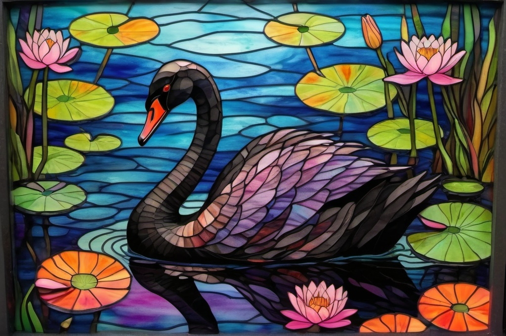 Prompt: line drawing of a black swan with an orange-red beak on a pond, surrounded by lilypads and pink-purple lilypad flowers, filled in with abstract COLORFUL watercolor