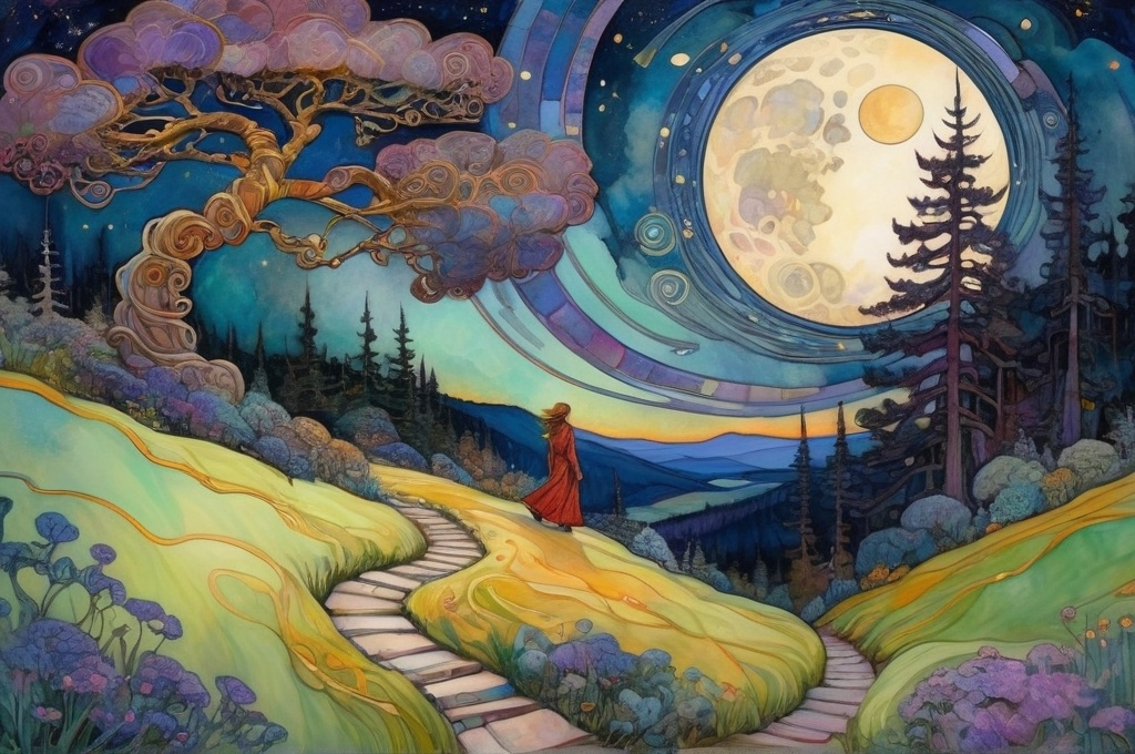 Prompt: beyond the waking world, figure walking on a winding path to swirling clouds, fantasy forest garden landscape, by Erin Hanson, Gustav Klimt, Paul Lehr and Margaret MacDonald Mackintosh, ink and watercolor, dark, moody, meticulous, entangled, intricately detailed, ⭐️ starry sky, Epic moon, Enchanting mystical starry night Van Gogh