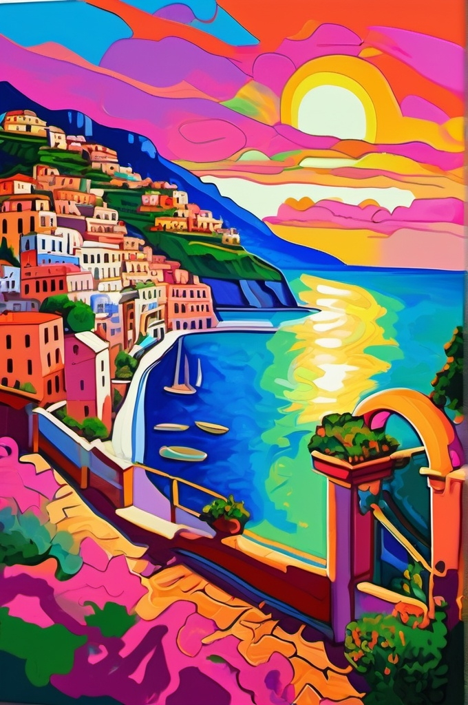 Prompt: fauvism colorful amalfi coast at sunset