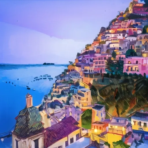 Prompt: very vibrantly colorful amalfi coast during sunset