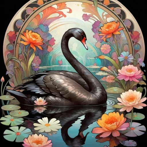 Prompt: black swan on a pond with abstract colorful flowers on either side