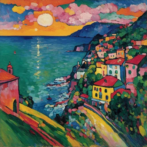 Prompt: <mymodel> vibrant (fauvist) depiction of the Amalfi Coast, stunning sunset, rich warm shades of orange and pink, deep blue sea, vivid green hills, swirling clouds, heavily textured brushstrokes, lively, dynamic composition, high contrast colors, evocative atmosphere, captivating scene, intricate details of coastline buildings and natural landscapes, (ultra-detailed) 4K quality.