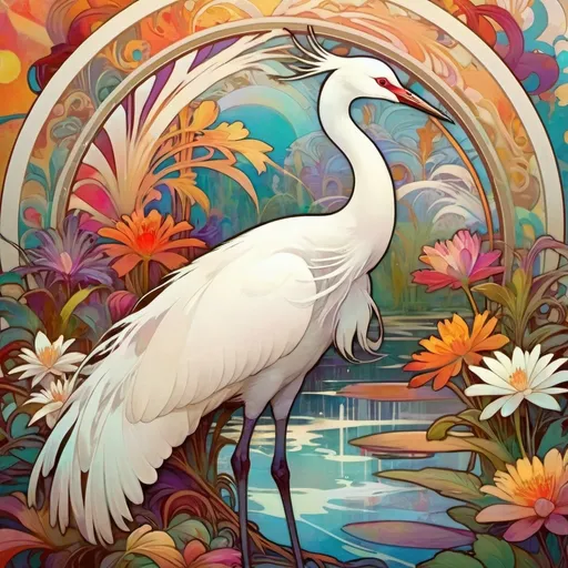 Prompt: white crane bird in a colorful abstract garden with a river in the background