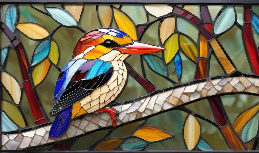 Prompt: colorful black-backed dwarf kingfisher in mosaic tiles