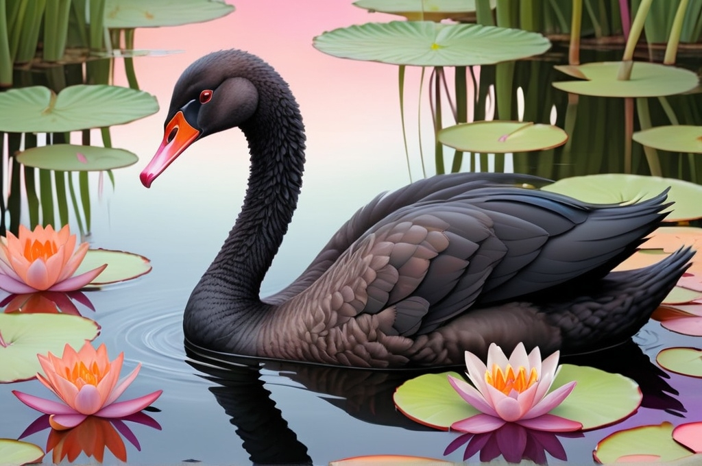 Prompt: line drawing of a black swan with an orange-red beak on a pond, surrounded by lilypads and pink-purple lilypad flowers, filled in with abstract COLORFUL watercolor