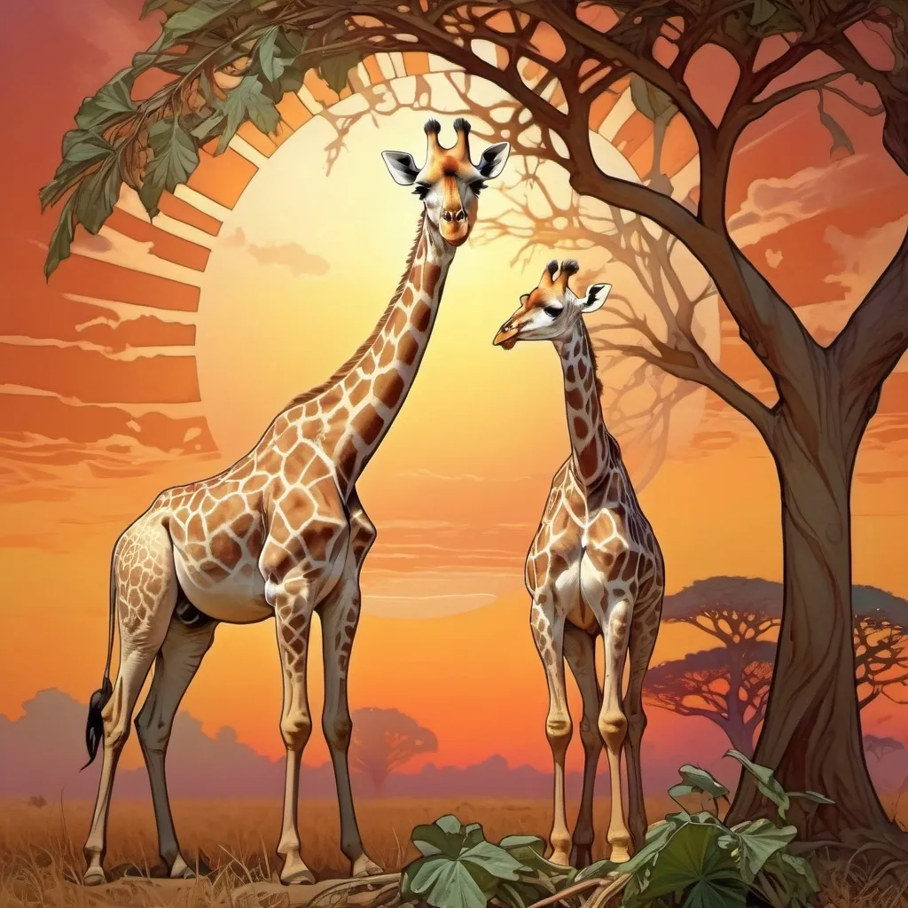 Prompt: giraffe stretching to eat a leaf of a tree, background is africa with beautiful sunset