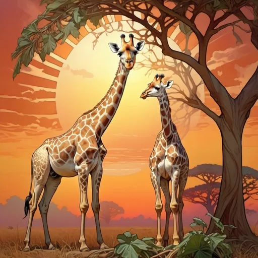 Prompt: giraffe stretching to eat a leaf of a tree, background is africa with beautiful sunset