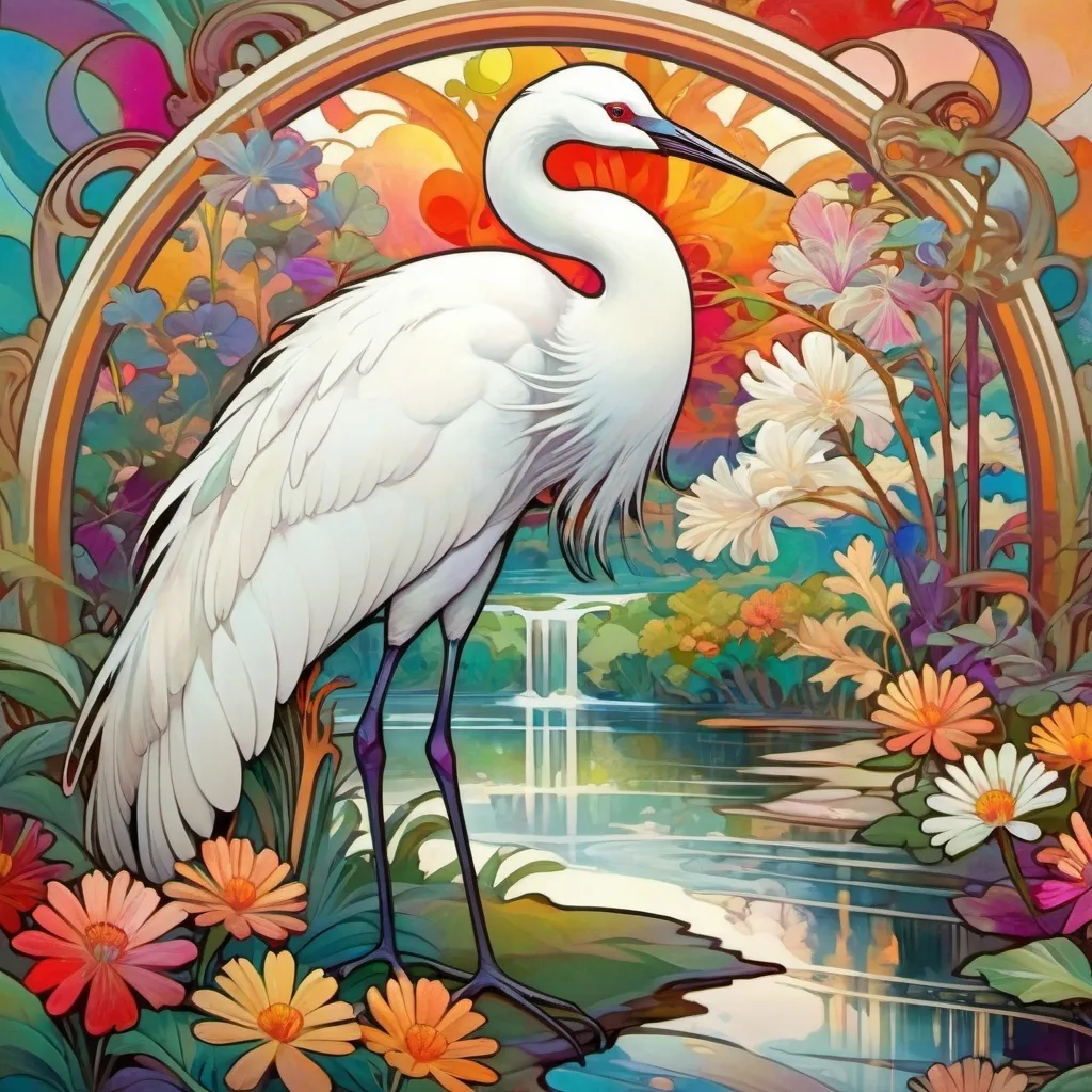 Prompt: white crane bird in a colorful abstract garden with a river in the background