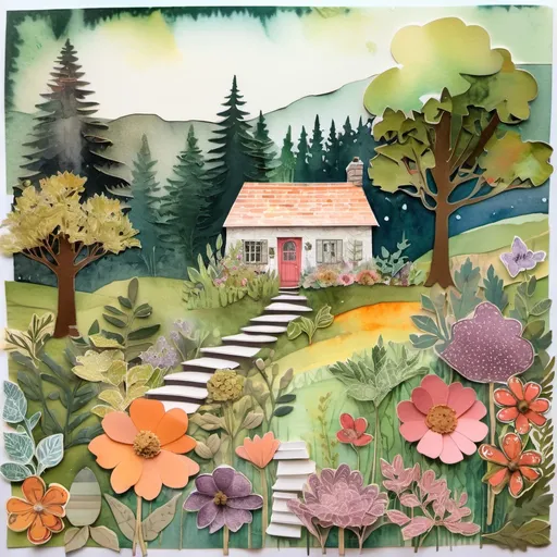 Prompt: mixed media collage using watercolor, stamps, paper of lush landscape that includes trees , flowers, and a one-story cozy cottage