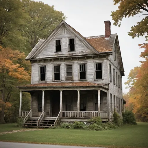 Prompt: Can you create a picture of an old sturdy house, perhaps in a New England style? It was once handsome and solid, but has aged, along with its inhabitants.
