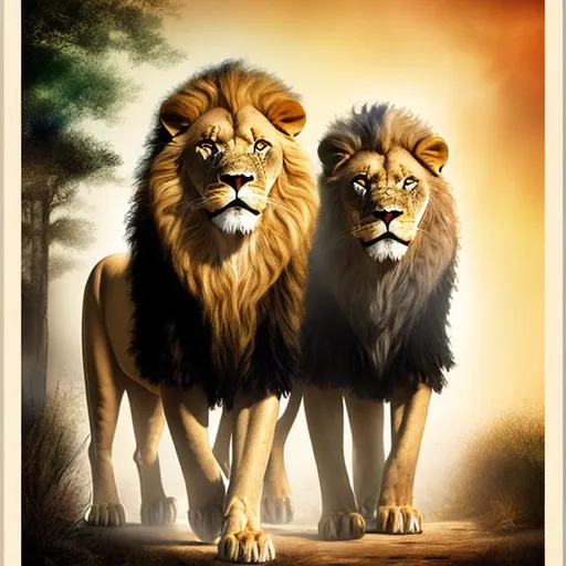 Prompt: two male walking lions poster