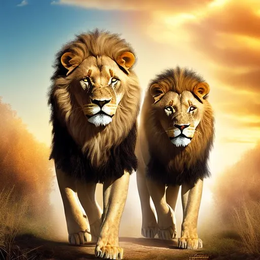 Prompt: two male walking lions poster