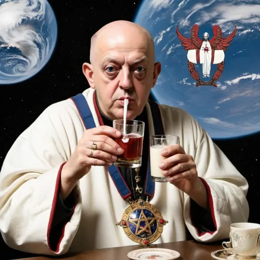 Prompt: Alleister crowley drinking winne with jesus christ in the international space station