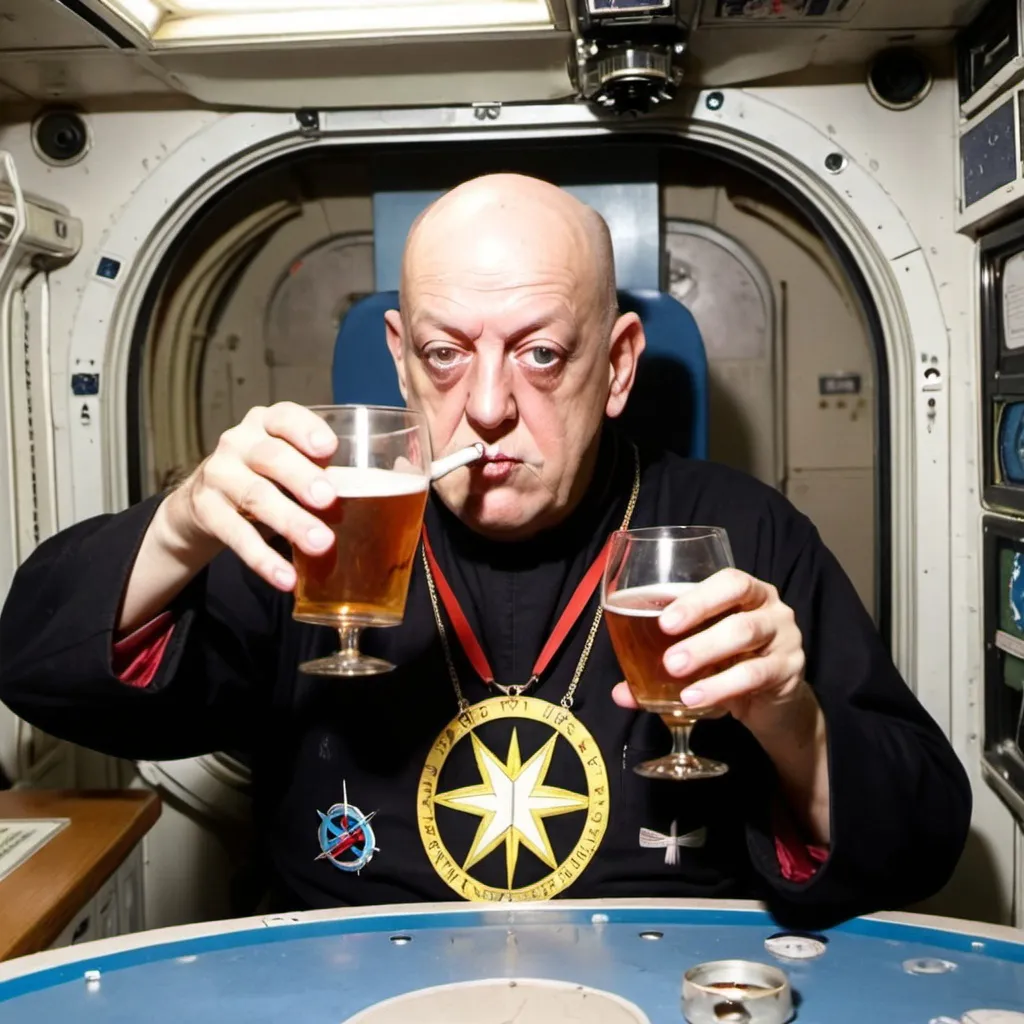 Prompt: Alleister crowley drinking winne with jesus christ in the international space station