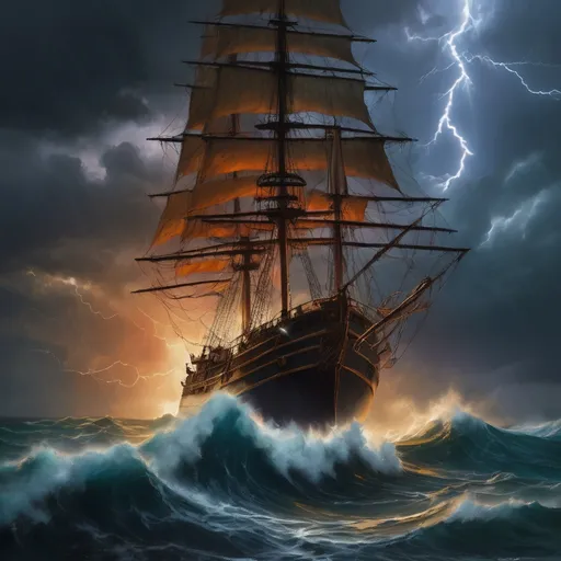 Prompt: Pirate standing on a ship deck in a lightning storm, realistic oil painting, raging waves, dramatic lightning bolts, high quality, fantasy, intense color contrast, stormy atmosphere, detailed facial features, epic scene, dynamic composition, oil painting, fantasy, dramatic lighting, stormy seas, high quality