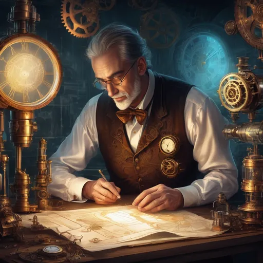 Prompt: Inventor working on secret project, fantasy illustration, magical steampunk, ancient scrolls and mechanical blueprints, mystical glow, intricate clockwork details, high quality, detailed fantasy, steampunk, magical, ancient, intricate design, secret project, mystical glow, atmospheric lighting