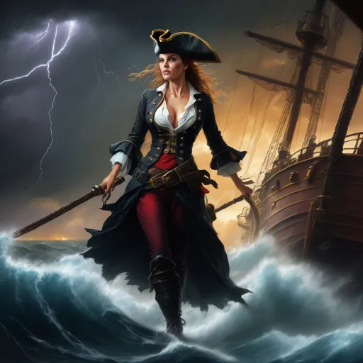 Prompt: Woman pirate on a ship deck in a storm, realistic oil painting, raging waves, dramatic lightning bolts, high quality, fantasy, intense color contrast, stormy atmosphere, detailed facial features, epic scene, dynamic composition, oil painting, fantasy, dramatic lighting, stormy seas, high quality