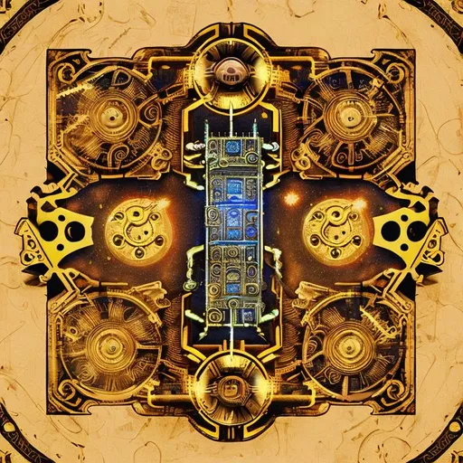Prompt: magic box, fantasy illustration, magical steampunk, ancient scrolls and mechanical blueprints, mystical glow, intricate clockwork details, high quality, detailed fantasy, steampunk, magical, ancient, intricate design, secret project, mystical glow, atmospheric lighting