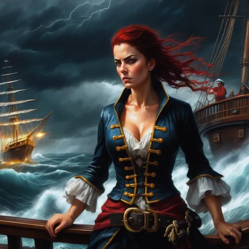 Prompt: Woman pirate on a ship deck in a storm, realistic oil painting, raging waves, dramatic lightning bolts, high quality, fantasy, intense color contrast, stormy atmosphere, detailed facial features, epic scene, dynamic composition, oil painting, fantasy, dramatic lighting, stormy seas, high quality