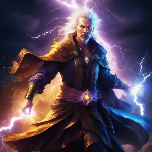 Prompt: Static charge fantasy illustration with magical lightning, intense and dramatic lighting, high contrast, game-rpg style, mystical aura, crackling energy, vibrant colors, best quality, highres, ultra-detailed, game-rpg, intense lighting, magical elements, old mage