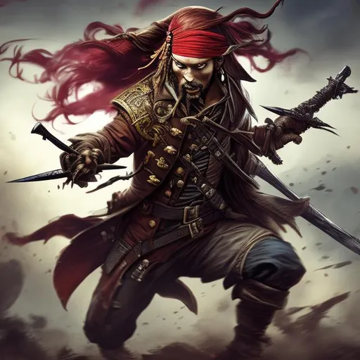 Prompt: pirate soldier attacking, vibrant red color palette, fantasy RPG game style, detailed wind-blown hair, ornate pirate attire, intense gaze, dynamic action pose, high quality, game-rpg, fantasy, vibrant red, dynamic lighting, detailed design, atmospheric