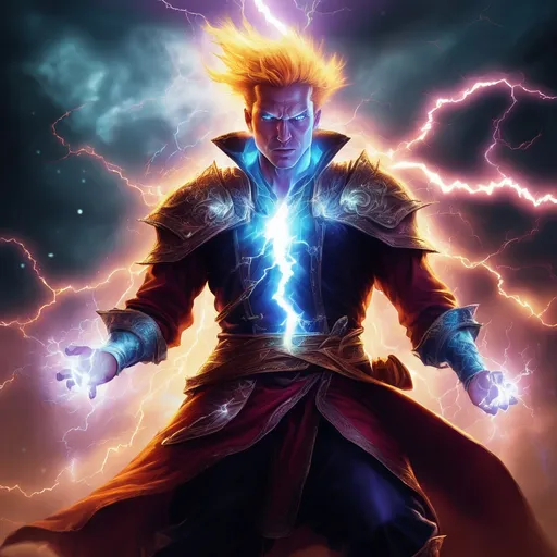 Prompt: Static charge fantasy illustration with magical lightning, intense and dramatic lighting, high contrast, game-rpg style, mystical aura, crackling energy, vibrant colors, best quality, highres, ultra-detailed, game-rpg, intense lighting, magical elements, 