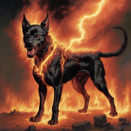 Prompt: hell hound fire burning lightning
