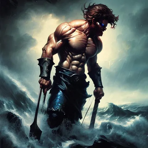 Prompt: Cyclops in storm, oil painting, high quality, fantasy, intense color contrast, stormy atmosphere, detailed facial features, epic scene, dynamic composition, realistic, dramatic lighting, game-rpg style, intense gaze, atmospheric, dynamic, traditional art, professional, epic fantasy