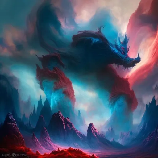 Prompt: Weird-looking blue and red cloud creature, fantasy game style, vibrant colors, dynamic composition, surreal atmosphere, mystical, magical, whimsical, high quality, game-rpg, fantasy, cloud creature, vibrant colors, surreal, mystical, dynamic composition, whimsical, atmospheric lighting
