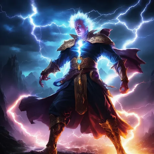 Prompt: Static charge fantasy illustration with magical lightning, intense and dramatic lighting, high contrast, game-rpg style, mystical aura, crackling energy, powerful and menacing look, vibrant colors, best quality, highres, ultra-detailed, game-rpg, intense lighting, magical elements, 