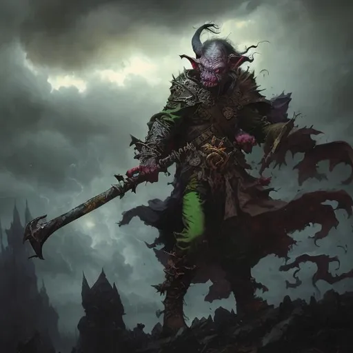 Prompt: goblin wizard
, oil painting, high quality, fantasy, intense color contrast, stormy atmosphere, detailed facial features, epic scene, dynamic composition, realistic, dramatic lighting, game-rpg style, intense gaze, atmospheric, dynamic, traditional art, professional, epic fantasy