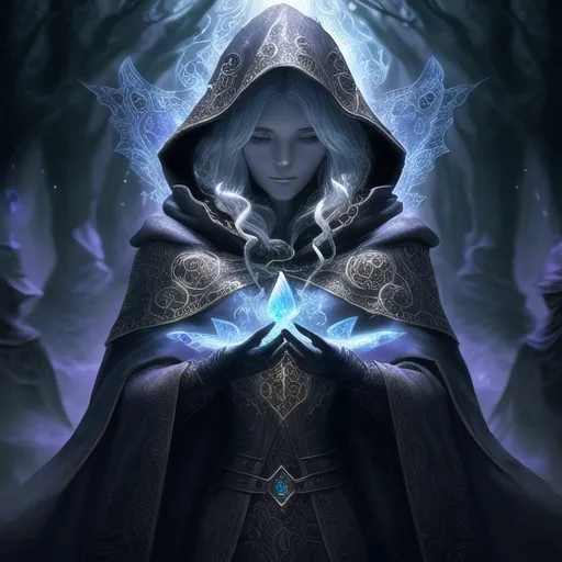 Prompt: Fantasy illustration of a mysterious impersonator, magical realms, mystical aura, intricate cloak with shimmering details, enigmatic expression, ethereal essence, high quality, fantasy, detailed cloak, mystical, magical, mysterious, fantasy style, atmospheric lighting