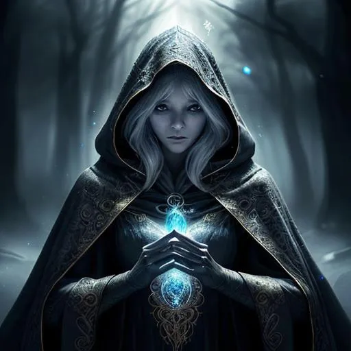 Prompt: Fantasy illustration of a mysterious impersonator, magical realms, mystical aura, intricate cloak with shimmering details, enigmatic expression, ethereal essence, high quality, fantasy, detailed cloak, mystical, magical, mysterious, fantasy style, atmospheric lighting