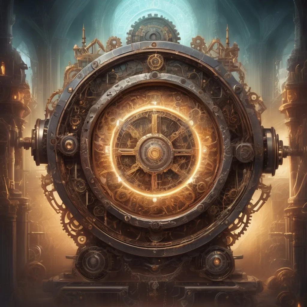 Prompt: Fantasy illustration of a mystical portal machine, intricate steampunk design, glowing runes and symbols, ancient metallic gears and cogs, magical energy flowing through, high-quality, fantasy, steampunk, mystical, ancient, glowing, detailed machinery, intricate design, magical energy, otherworldly, atmospheric lighting