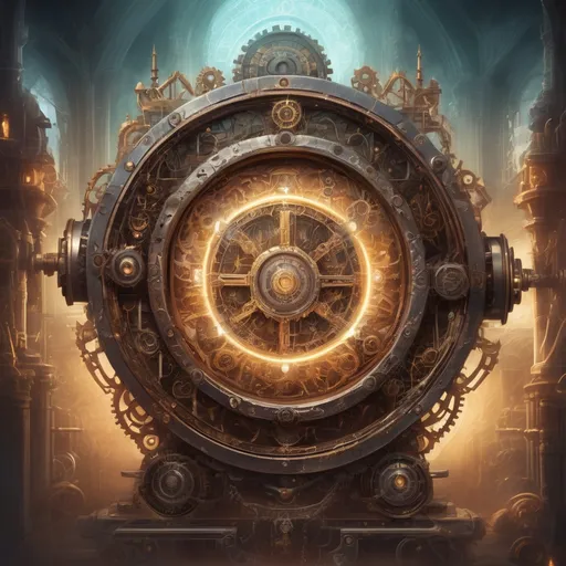 Prompt: Fantasy illustration of a mystical portal machine, intricate steampunk design, glowing runes and symbols, ancient metallic gears and cogs, magical energy flowing through, high-quality, fantasy, steampunk, mystical, ancient, glowing, detailed machinery, intricate design, magical energy, otherworldly, atmospheric lighting